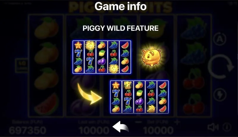 Piggy Fruits - ekran igre s rešetkom 5x4 i simbolima voća